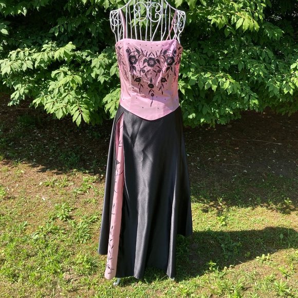 90s Y2K formal dress prom pink black  |XS-S|made in usa spaghetti straps beaded - Picture 1 of 9